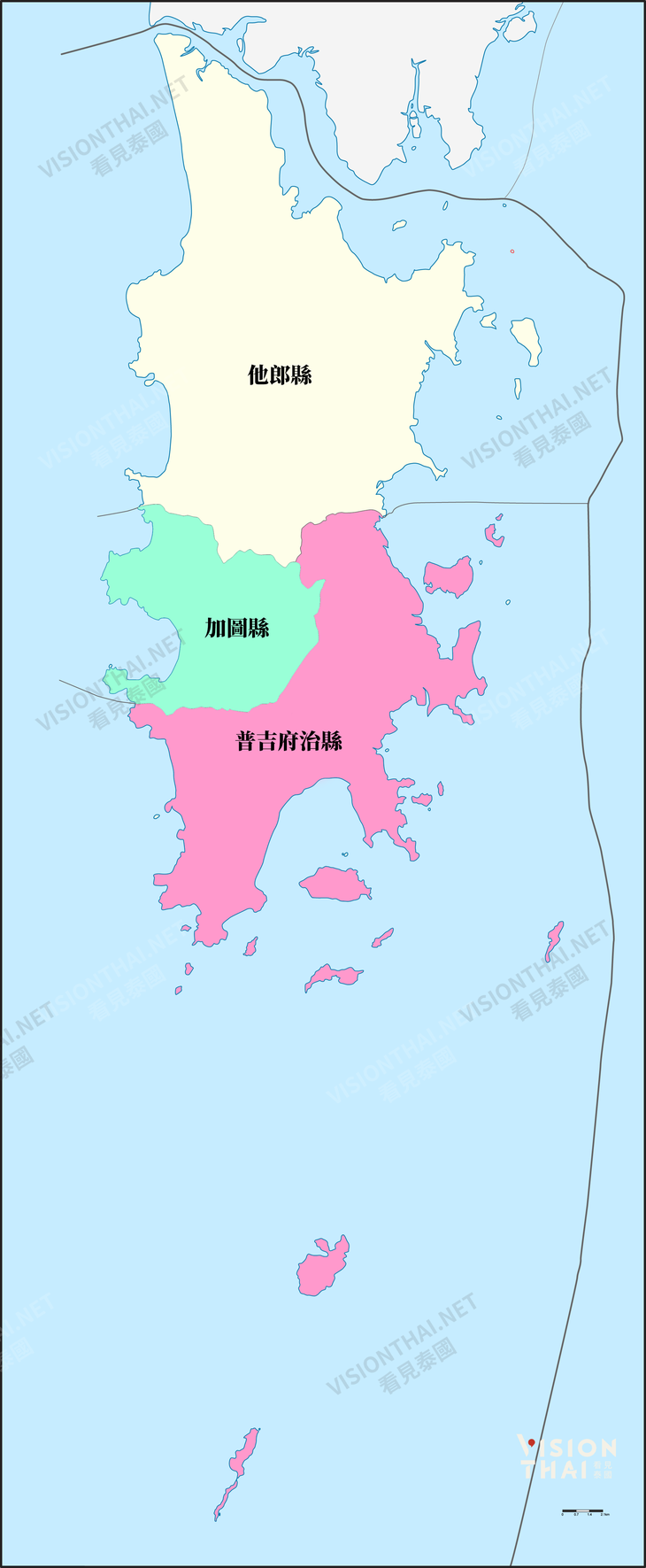 普吉府分为三县，分别是普吉府治县、加图县及他朗县（图片来源：VISION THAI看见泰国）