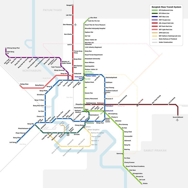 曼谷城市軌道交通線網地圖(圖片來源：維基百科)